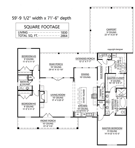 Country, Farmhouse, Southern House Plan 41488 with 3 Beds, 3 Baths, 2 Car Garage First Level Plan
