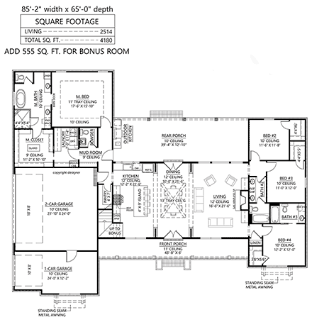 Country, Farmhouse, Southern House Plan 41490 with 4 Beds, 4 Baths, 3 Car Garage First Level Plan