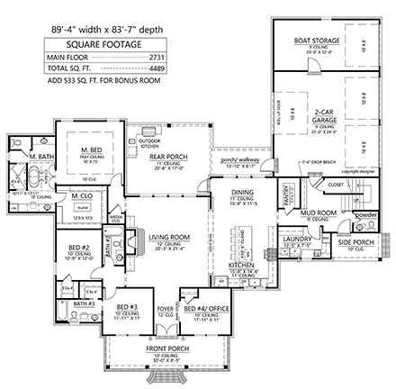 Country, Farmhouse, New American, Southern House Plan 41495 with 4 Beds, 4 Baths, 3 Car Garage First Level Plan