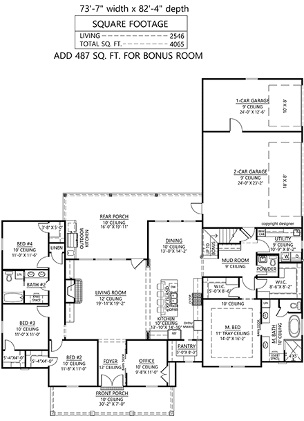 Country, Farmhouse House Plan 41496 with 4 Beds, 3 Baths, 3 Car Garage First Level Plan