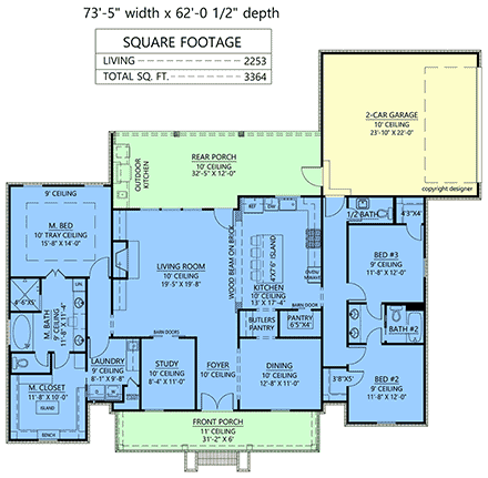 Country, Farmhouse, New American House Plan 41497 with 3 Beds, 3 Baths, 2 Car Garage First Level Plan