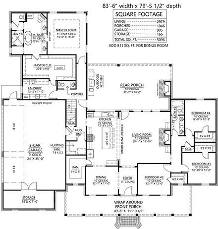 Acadian, Southern House Plan 41498 with 4 Beds, 3 Baths, 3 Car Garage First Level Plan