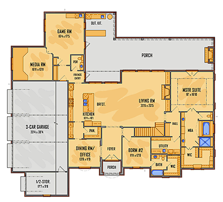 European House Plan 41503 with 4 Beds, 5 Baths, 3 Car Garage First Level Plan