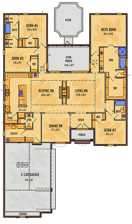 European, Southern House Plan 41505 with 4 Beds, 4 Baths, 3 Car Garage First Level Plan