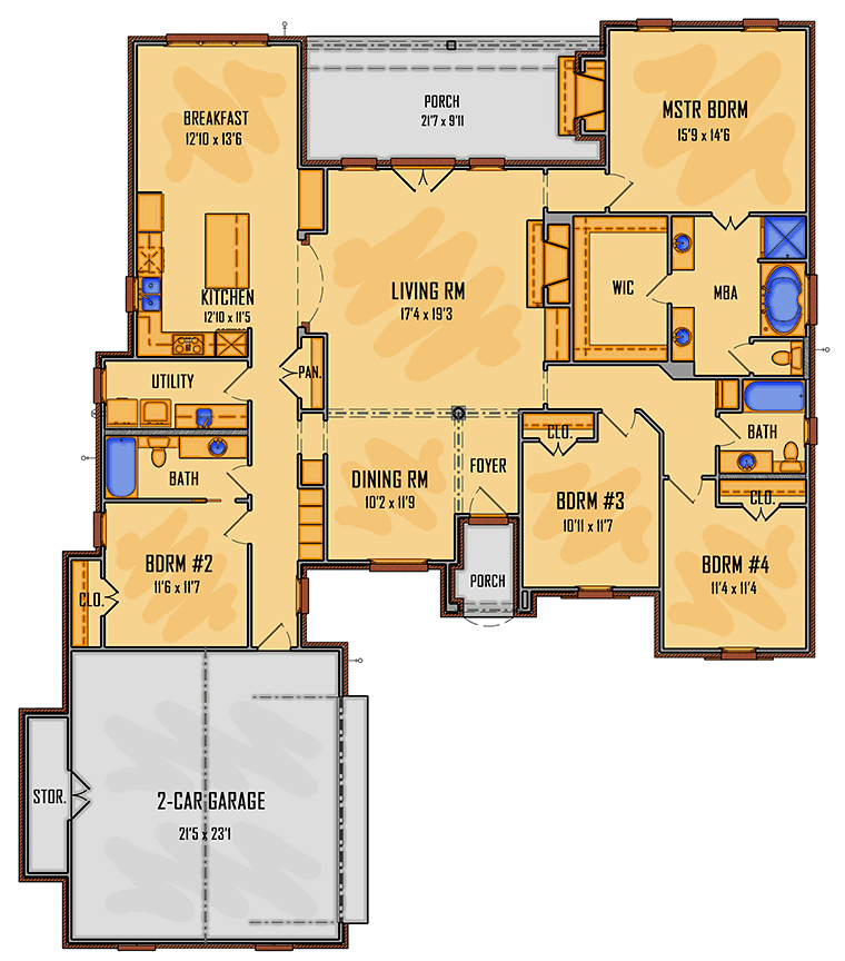 House Plan 41510 - European Style with 2417 Sq Ft, 4 Bed, 3 Bath