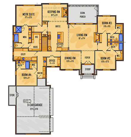 European, Southern, Traditional House Plan 41522 with 4 Beds, 4 Baths, 3 Car Garage First Level Plan