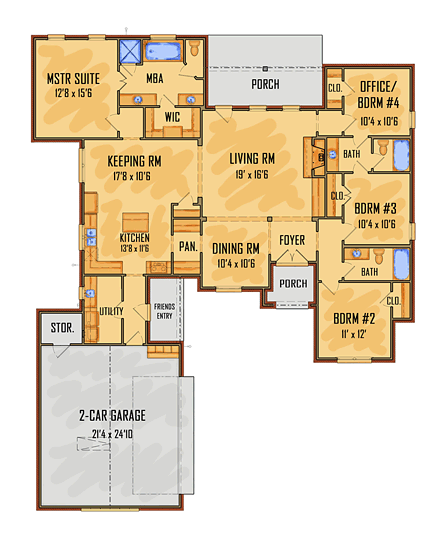 European, Southern, Traditional House Plan 41552 with 4 Beds, 3 Baths, 2 Car Garage First Level Plan