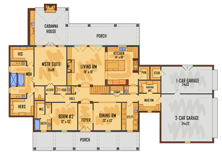 European, French Country, Southern House Plan 41563 with 4 Beds, 4 Baths, 3 Car Garage Level One