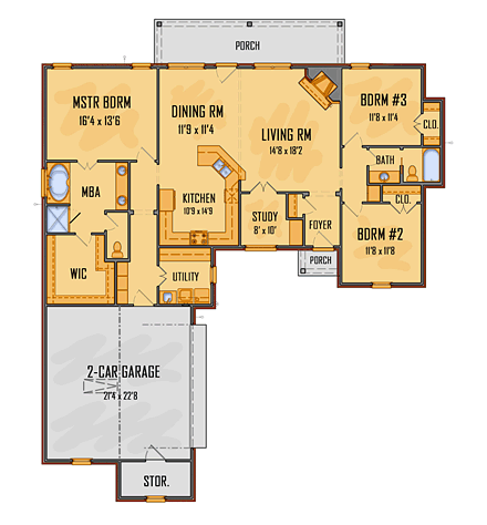 European House Plan 41570 with 3 Beds, 2 Baths, 2 Car Garage First Level Plan