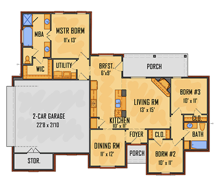 European, Southern, Traditional House Plan 41573 with 3 Beds, 2 Baths, 2 Car Garage First Level Plan