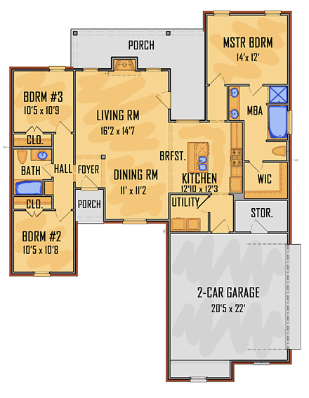 Ranch, Southern, Traditional House Plan 41575 with 3 Beds, 2 Baths, 2 Car Garage First Level Plan