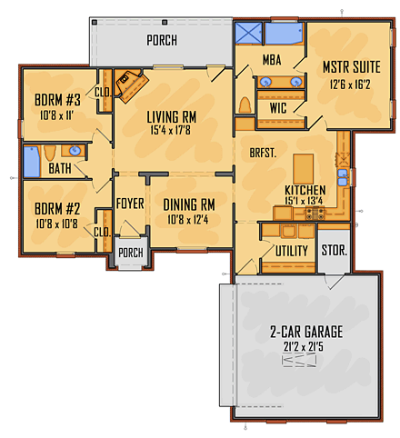 European, Southern House Plan 41576 with 3 Beds, 2 Baths, 2 Car Garage First Level Plan