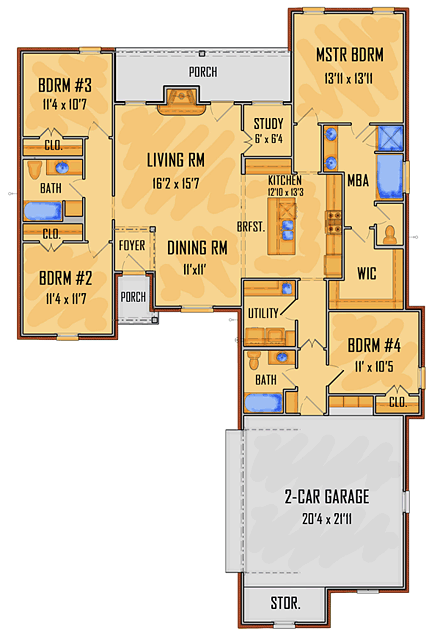 European, Southern, Traditional House Plan 41620 with 4 Beds, 3 Baths, 2 Car Garage First Level Plan