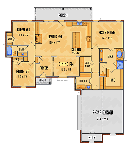 European, Southern, Traditional House Plan 41628 with 3 Beds, 2 Baths, 2 Car Garage First Level Plan
