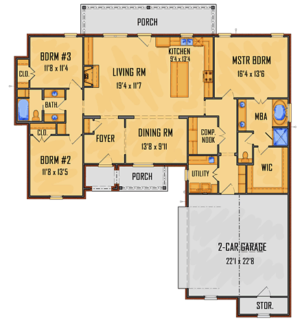 European, Ranch, Southwest House Plan 41632 with 3 Beds, 2 Baths, 2 Car Garage First Level Plan