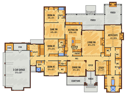 Craftsman, European, Traditional House Plan 41634 with 4 Beds, 5 Baths, 3 Car Garage First Level Plan