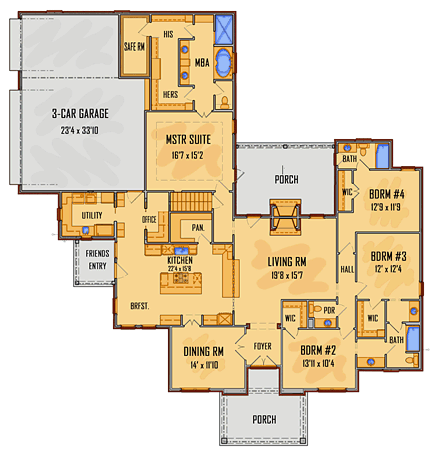 Craftsman, European, Southern House Plan 41640 with 4 Beds, 4 Baths, 3 Car Garage First Level Plan