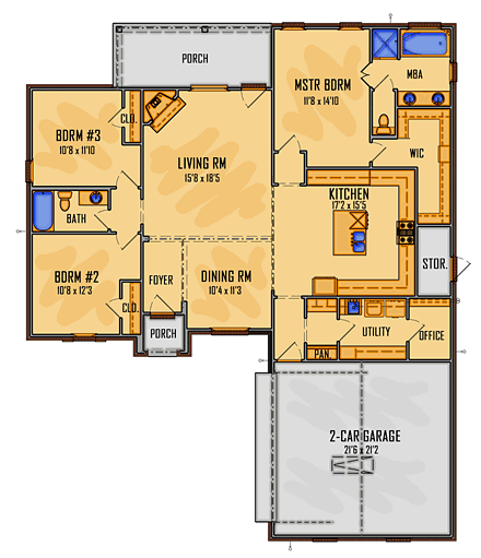 European, Southern House Plan 41656 with 3 Beds, 2 Baths, 2 Car Garage First Level Plan
