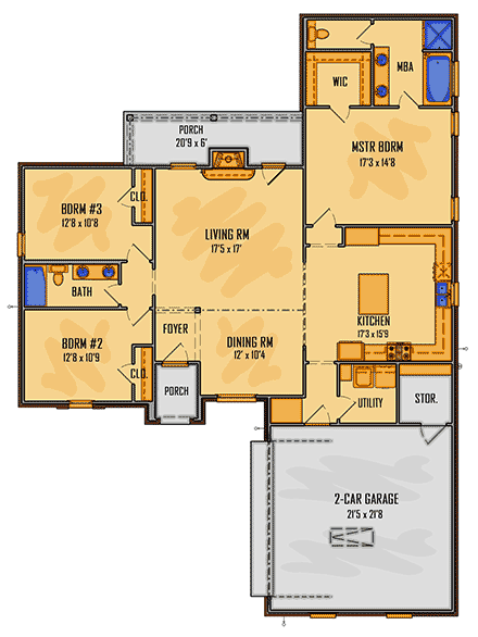 European, Southern, Traditional House Plan 41675 with 3 Beds, 2 Baths, 2 Car Garage First Level Plan