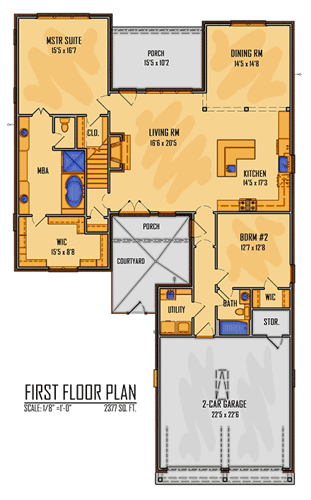 European, Southern, Southwest, Traditional House Plan 41678 with 3 Beds, 3 Baths, 2 Car Garage First Level Plan