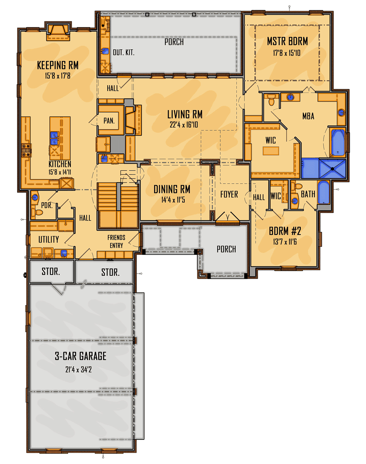European, Southern, Traditional House Plan 41681 with 4 Beds, 4 Baths, 3 Car Garage Level One
