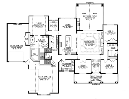 Country, Farmhouse, Ranch House Plan 41800 with 3 Beds, 4 Baths, 3 Car Garage First Level Plan