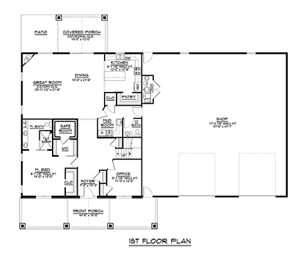 Barndominium, Country, Craftsman, Farmhouse House Plan 41806 with 3 Beds, 3 Baths, 2 Car Garage First Level Plan