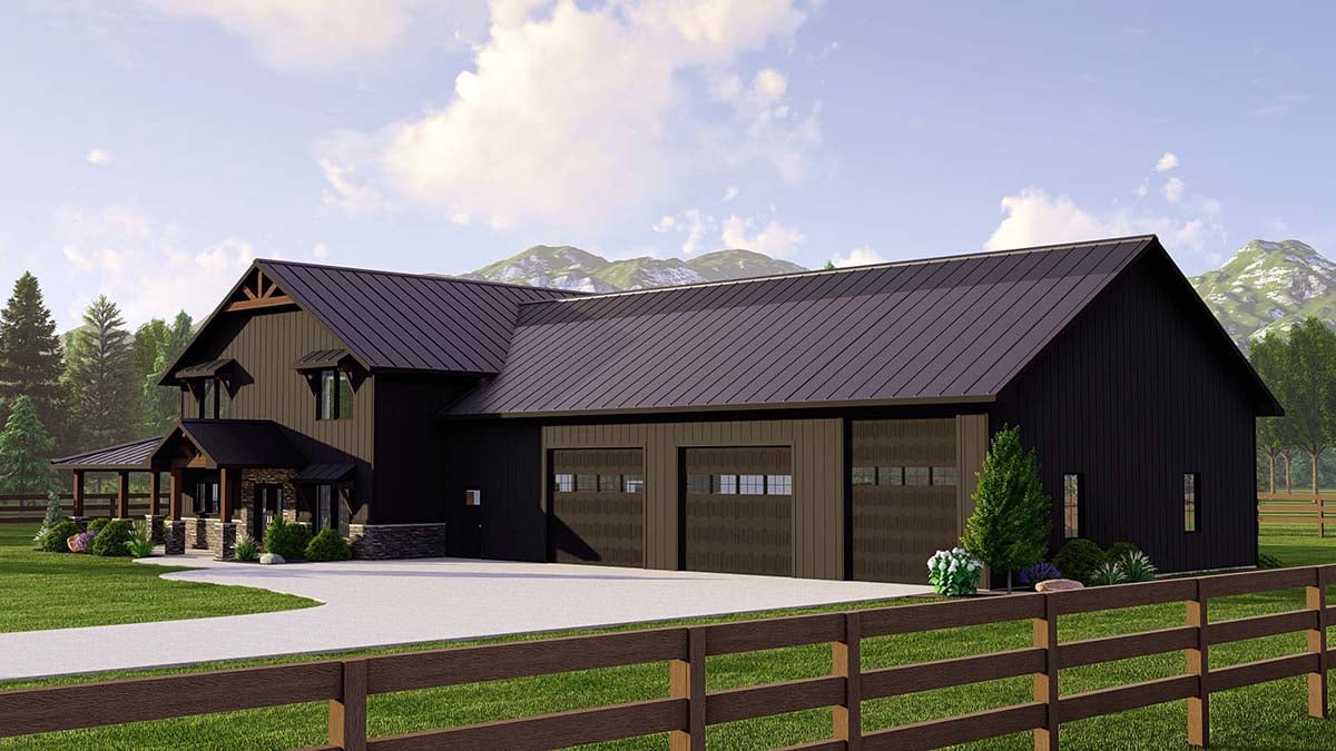 Barndominium, Country, Craftsman, Farmhouse Plan with 2765 Sq. Ft., 3 Bedrooms, 4 Bathrooms, 4 Car Garage Picture 2