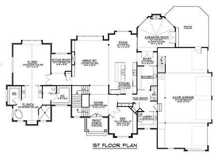 European, Modern House Plan 41821 with 4 Beds, 4 Baths, 4 Car Garage First Level Plan