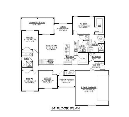 Farmhouse, Ranch, Traditional House Plan 41823 with 3 Beds, 3 Baths, 2 Car Garage First Level Plan