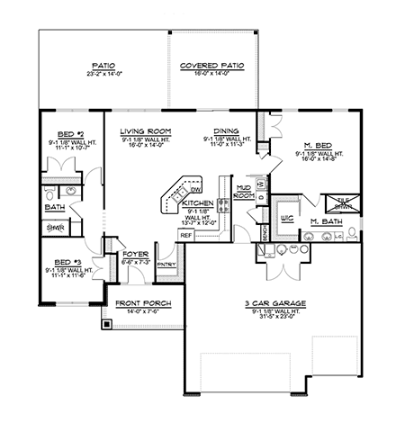 Craftsman, Ranch, Traditional House Plan 41831 with 3 Beds, 2 Baths, 3 Car Garage First Level Plan
