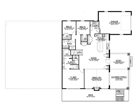 Bungalow, Country, Craftsman, Farmhouse House Plan 41842 with 3 Beds, 2 Baths, 4 Car Garage First Level Plan