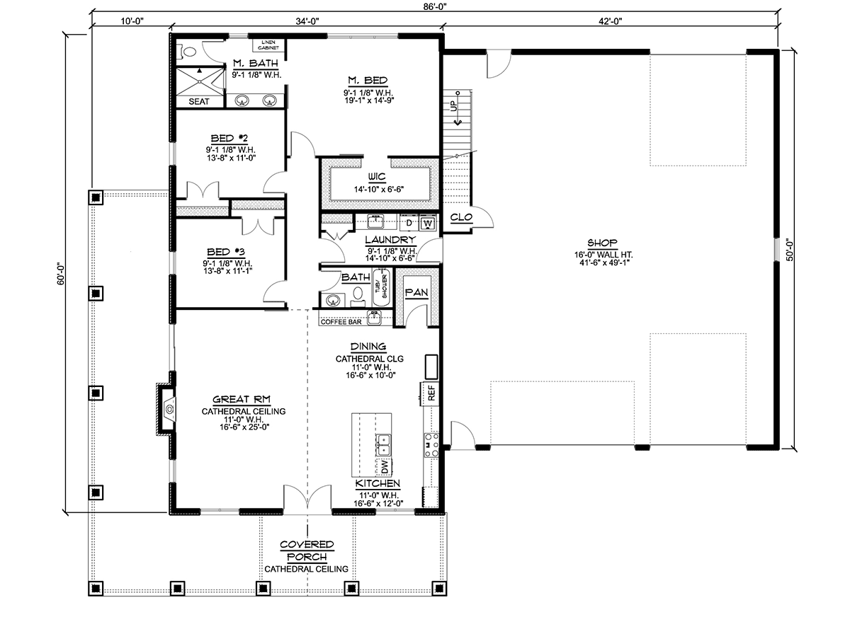 Barndominium, Craftsman, Farmhouse House Plan 41849 with 3 Beds, 2 Baths, 3 Car Garage Level One