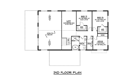 Barndominium, Country House Plan 41851 with 3 Beds, 3 Baths, 1 Car Garage Second Level Plan