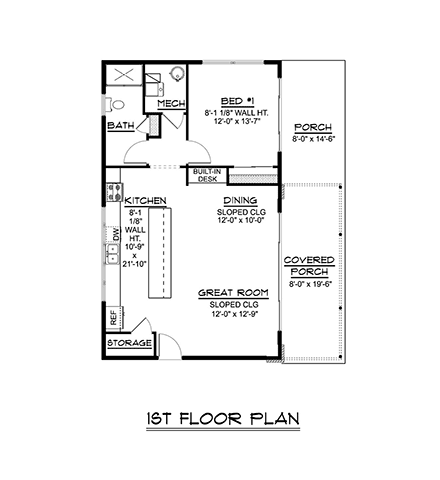 Modern, Ranch House Plan 41853 with 1 Beds, 1 Baths First Level Plan