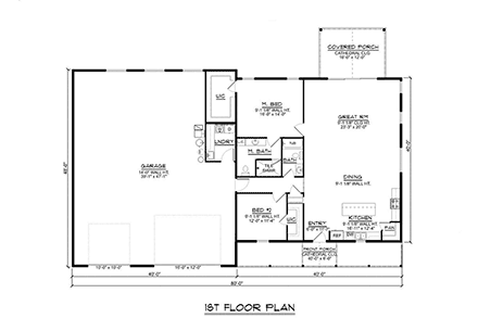 Barndominium, Country House Plan 41857 with 2 Beds, 2 Baths, 2 Car Garage First Level Plan