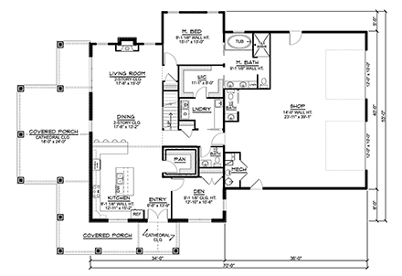 Barndominium House Plan 41859 with 3 Beds, 4 Baths, 2 Car Garage First Level Plan