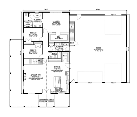 Barndominium, Craftsman, Farmhouse House Plan 41863 with 4 Beds, 3 Baths, 4 Car Garage First Level Plan