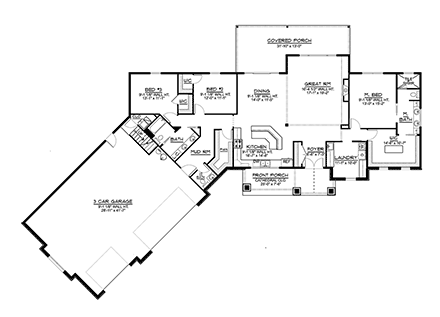 Craftsman, Ranch House Plan 41865 with 3 Beds, 3 Baths, 3 Car Garage First Level Plan