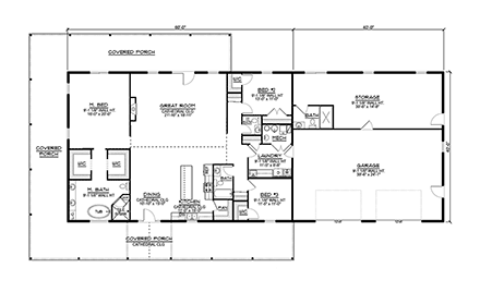 Barndominium, Ranch House Plan 41869 with 3 Beds, 4 Baths, 2 Car Garage First Level Plan