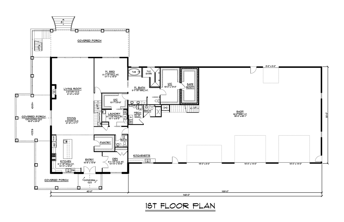 Barndominium House Plan 41870 with 3 Beds, 4 Baths, 4 Car Garage Level One