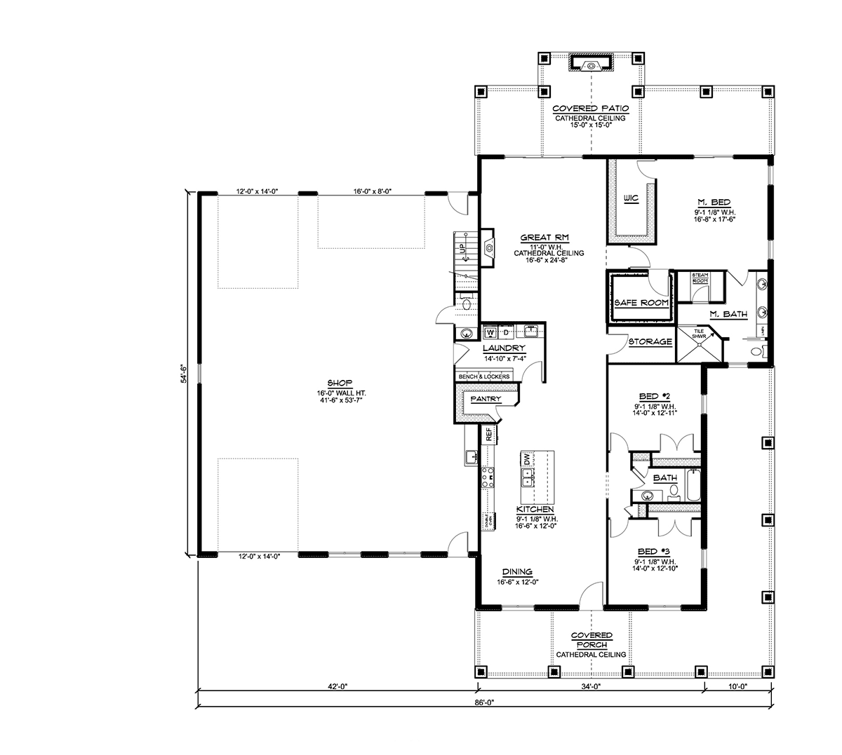 Barndominium House Plan 41880 with 3 Beds, 3 Baths, 4 Car Garage Level One