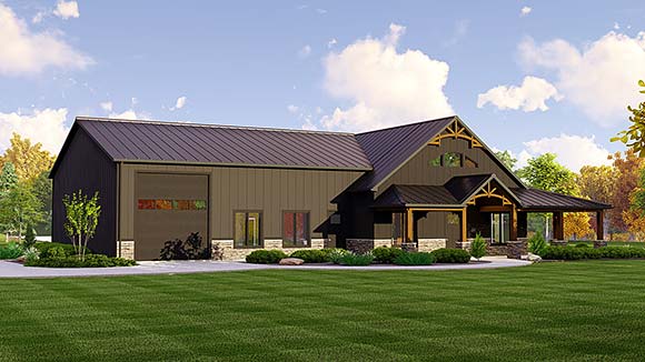 Barndominium House Plan 41880 with 3 Beds, 3 Baths, 4 Car Garage Elevation