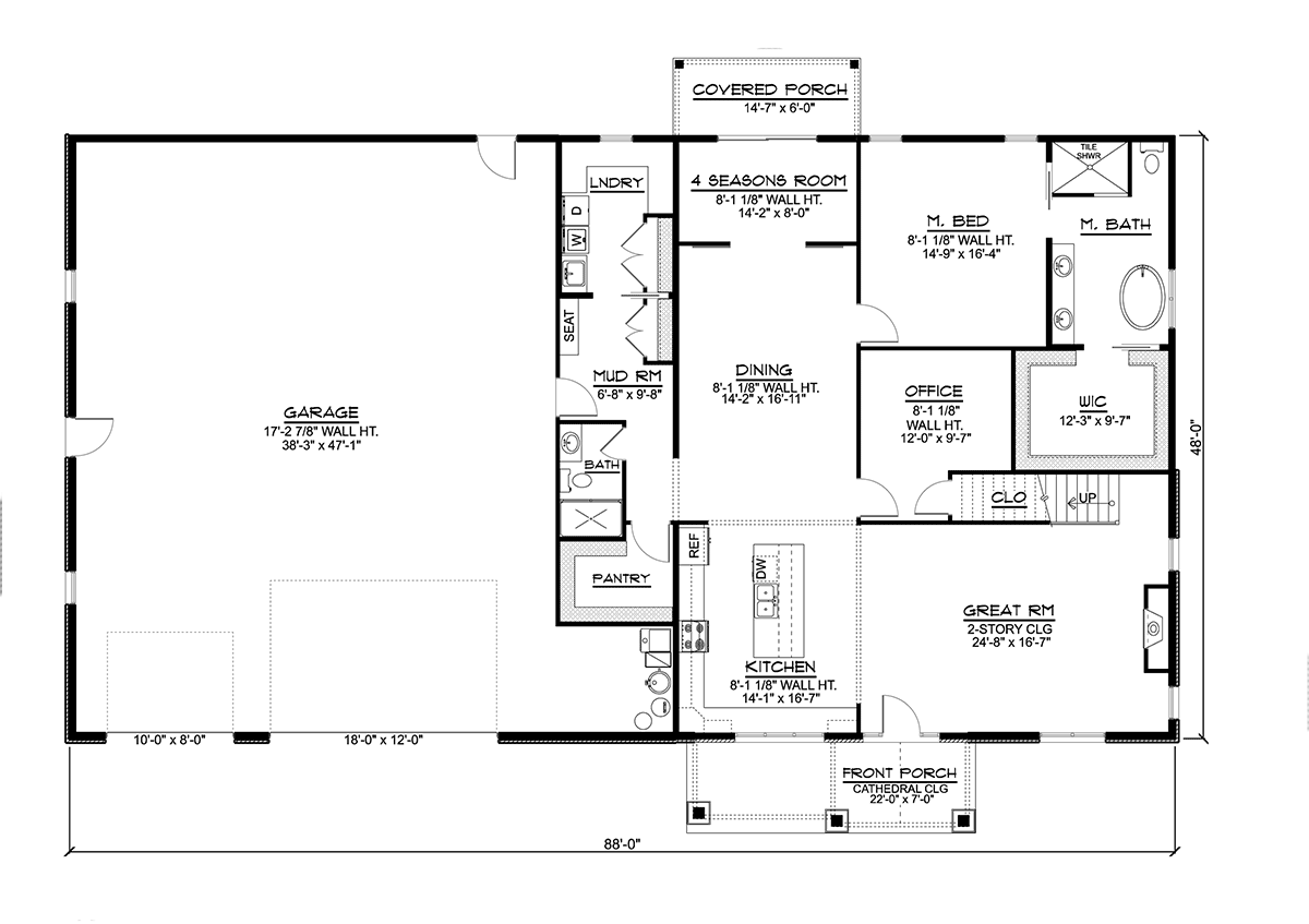 Barndominium House Plan 41881 with 4 Beds, 3 Baths, 3 Car Garage Level One