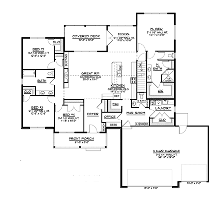 Country, Farmhouse House Plan 41882 with 4 Beds, 3 Baths, 3 Car Garage First Level Plan