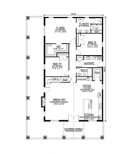 Barndominium, Country House Plan 41884 with 3 Beds, 2 Baths First Level Plan