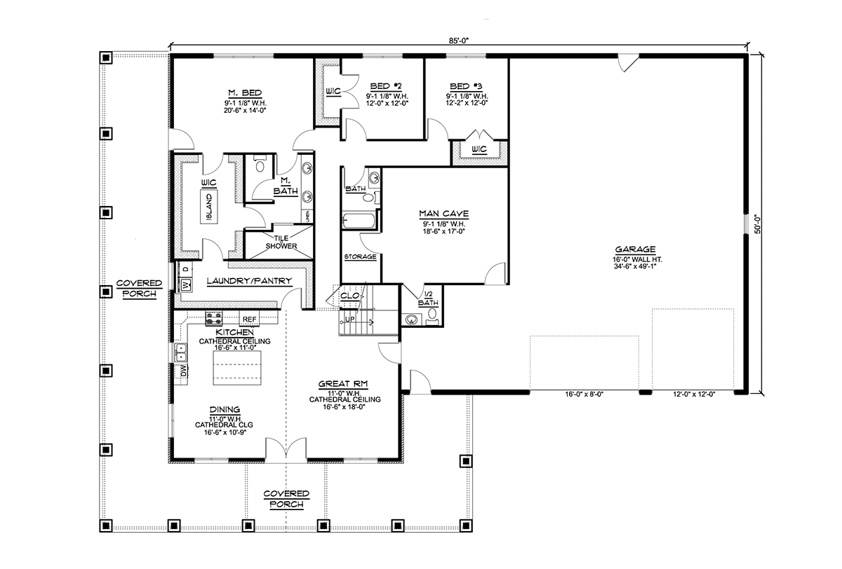 Barndominium House Plan 41885 with 4 Beds, 4 Baths, 3 Car Garage Level One