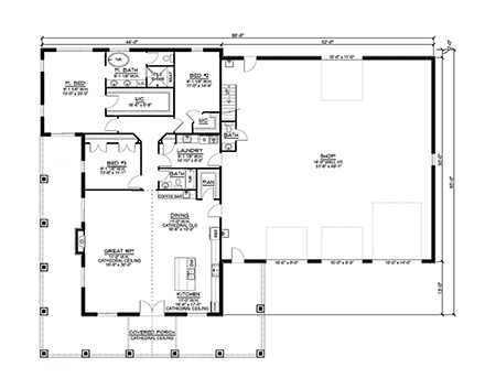 Barndominium House Plan 41888 with 3 Beds, 3 Baths, 3 Car Garage First Level Plan