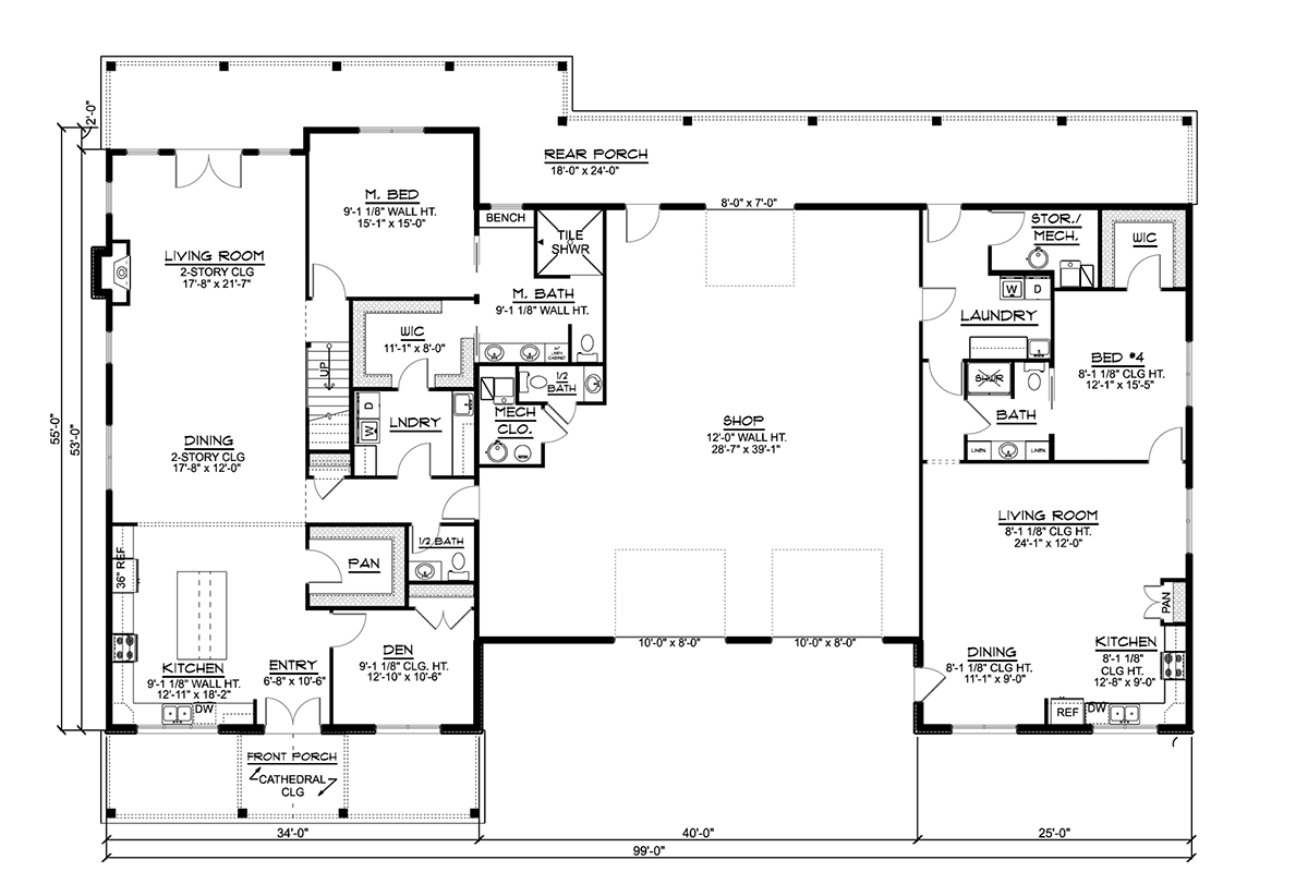 Barndominium House Plan 41895 with 4 Beds, 5 Baths, 2 Car Garage Level One