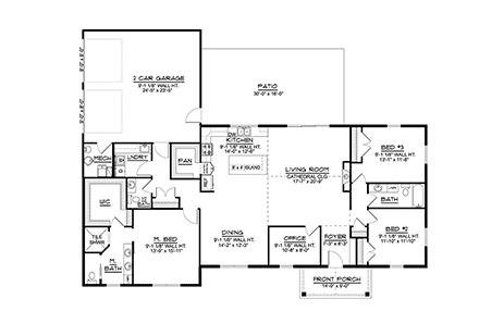 Barndominium, Craftsman, Ranch House Plan 41899 with 3 Beds, 3 Baths, 2 Car Garage First Level Plan